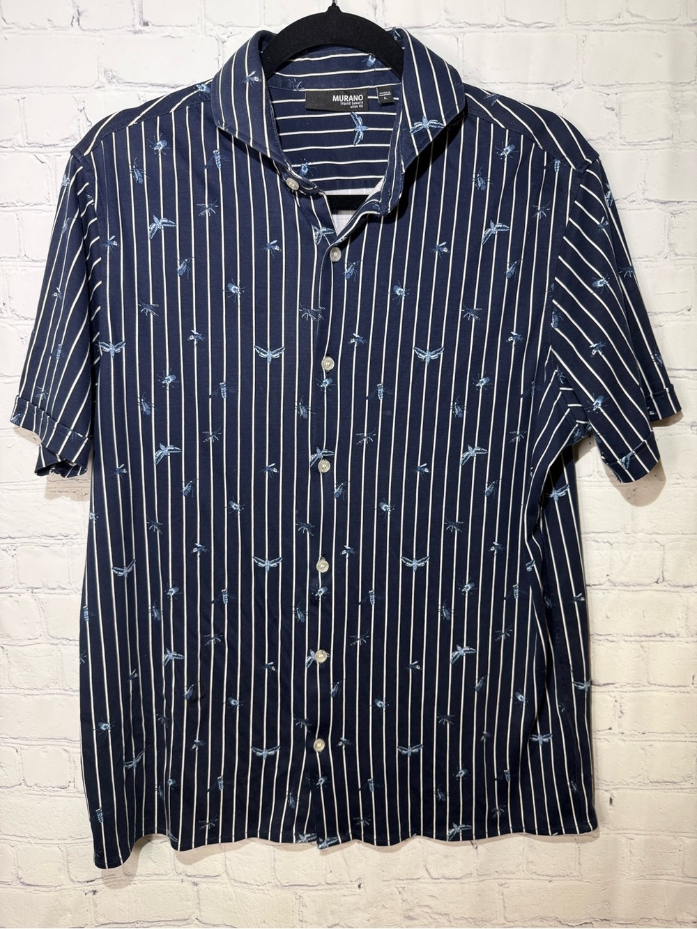 Murano slim fit size large navy with all over moth print white striped shirt